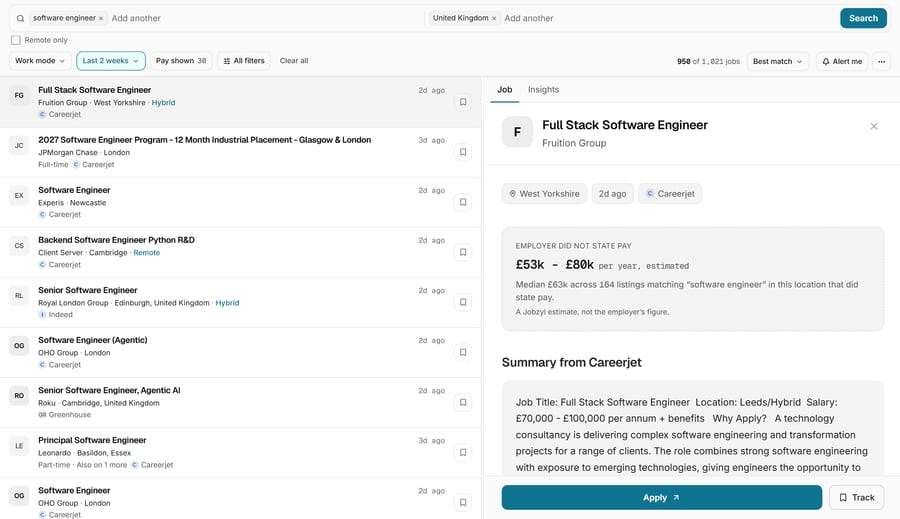 The Jobzyl results view: a search for software engineer roles in the United Kingdom. A dense list on the left shows the role, employer, location, pay, how long ago it was posted and which board it came from. The pane on the right shows a pay range marked as our estimate rather than the employer's own figure.