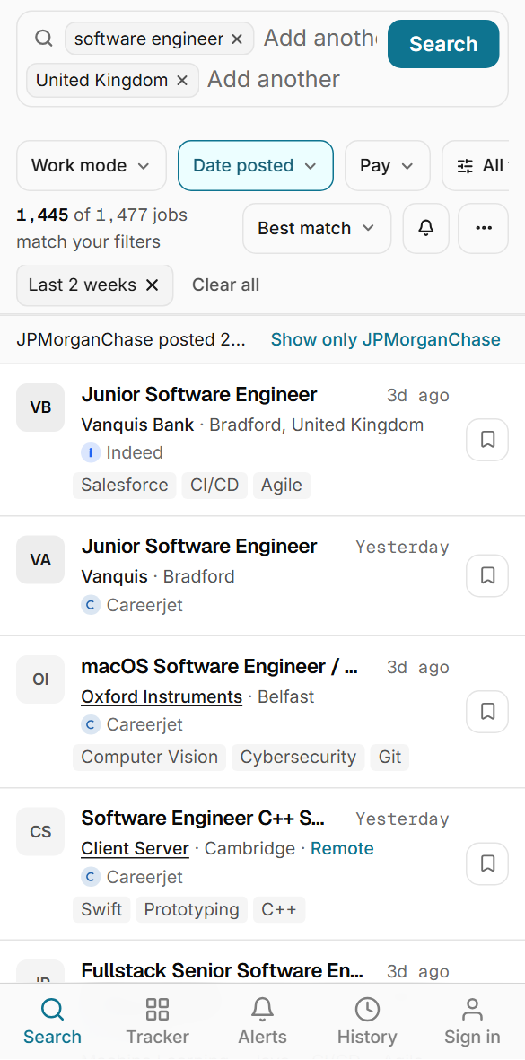 The Jobzyl results view on a phone: a search for software engineer roles in the United Kingdom, filtered to the last two weeks. Above the list, filters for work mode, date and whether pay is shown, and a count reading 426 of 472 jobs. Each row gives the role, the employer, the location, how long ago it was posted and which of the 20 boards it came from.