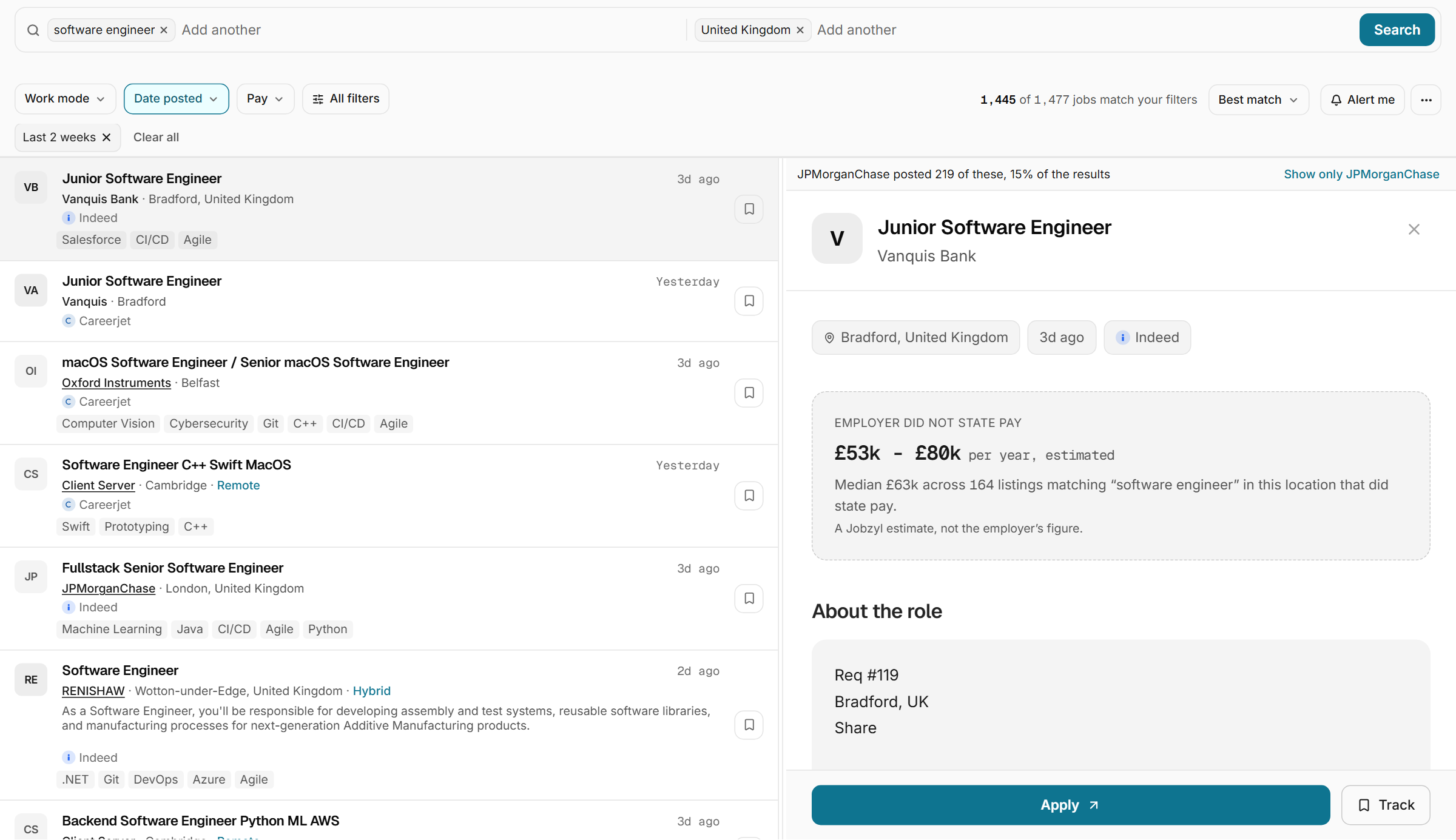 The Jobzyl results view: a search for software engineer roles in the United Kingdom. A dense list on the left shows the role, employer, location, pay, how long ago it was posted and which of the 20 boards it came from. The pane on the right has two tabs, Job and Insights, with Job open: the selected role, its location, age and source, a pay range marked as our estimate rather than the employer's figure, the start of the description, and Apply and Track buttons.